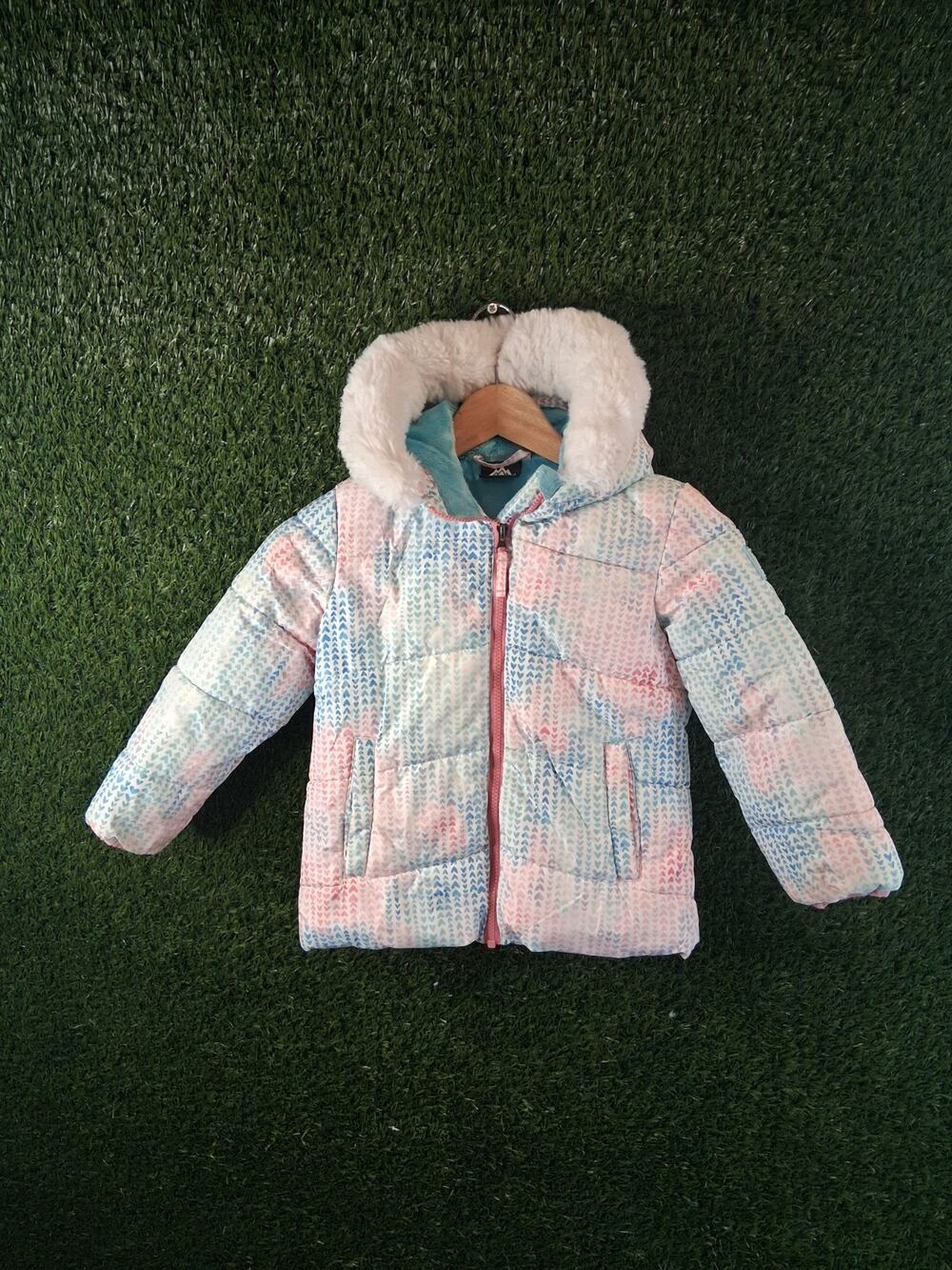 Snozu Girls Puffer Jacket Size 5 Pink Blue Heart Pattern Fleece Lined Hooded...